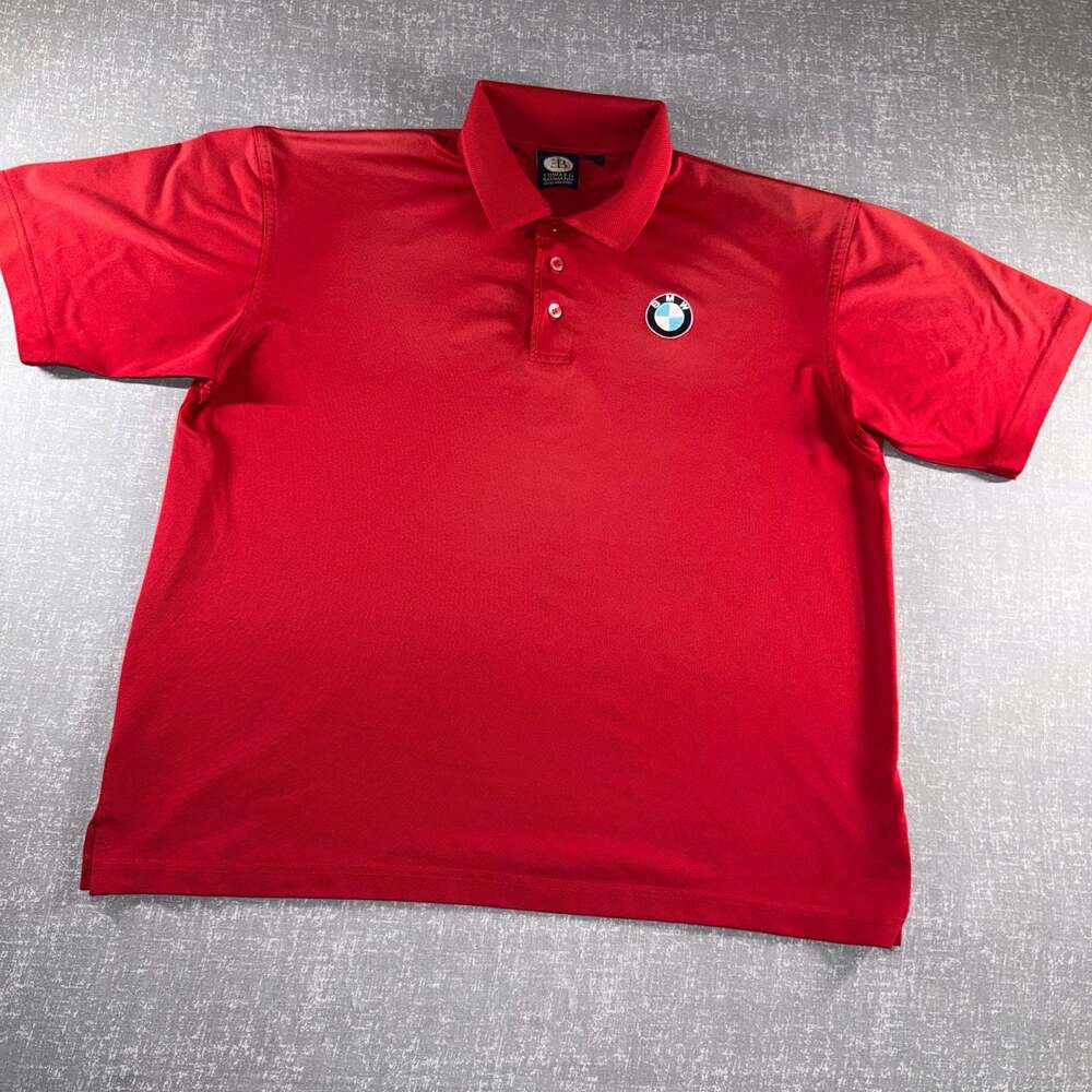 BMW Logo Embroidered Red Performance Polo Shirt Made in USA Euro